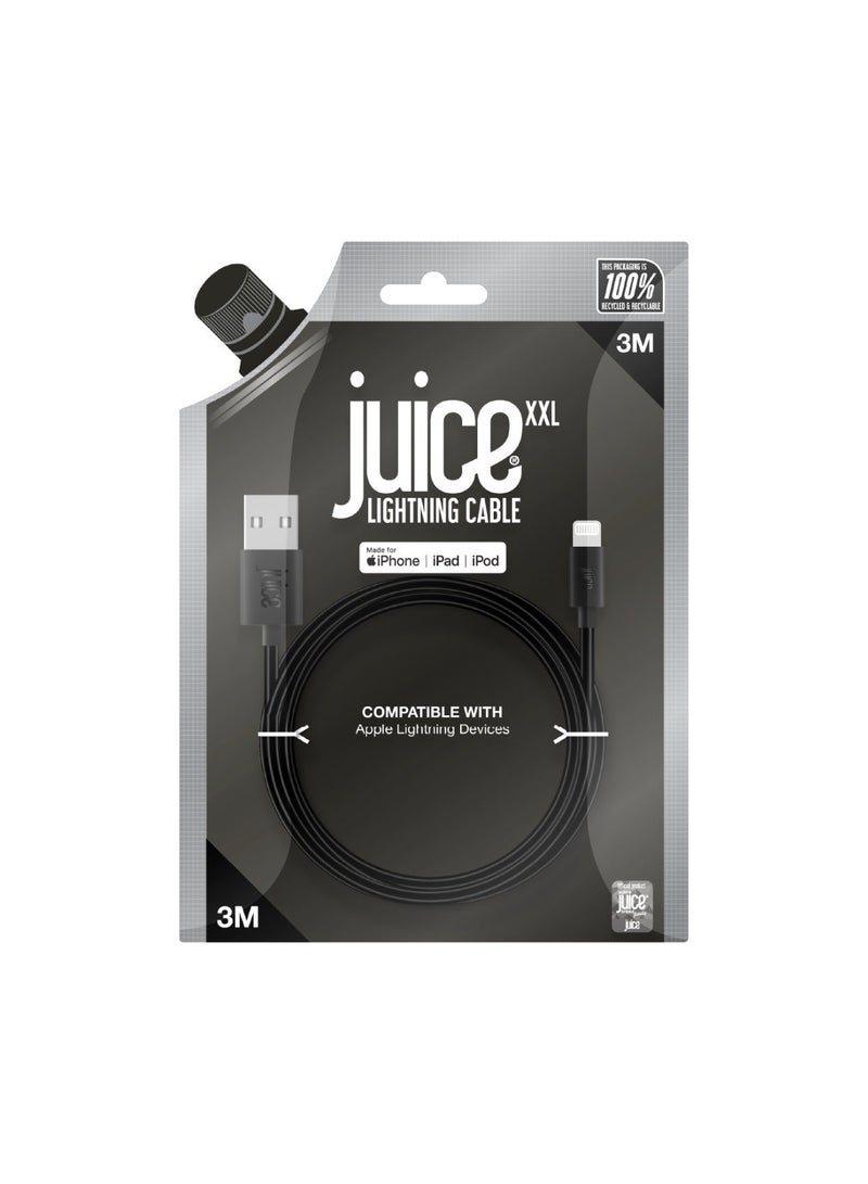 جوس كابل JUICE XXL USB-A إلى Apple Lightning، مصنوع من مادة TPE معاد تدويرها بنسبة 100% ومعزّز للمتانة، يدعم الشحن ونقل البيانات، معتمد من MFI للشحن السريع، متوافق مع أحدث الطرازات: iPhone و16 و15 و14 و13 و12 و11 Pro Max وXR وXS وX و8 وSE، بالإضافة إلى iPad، بطول 3 أمتار، باللون الأسود. - Image 5